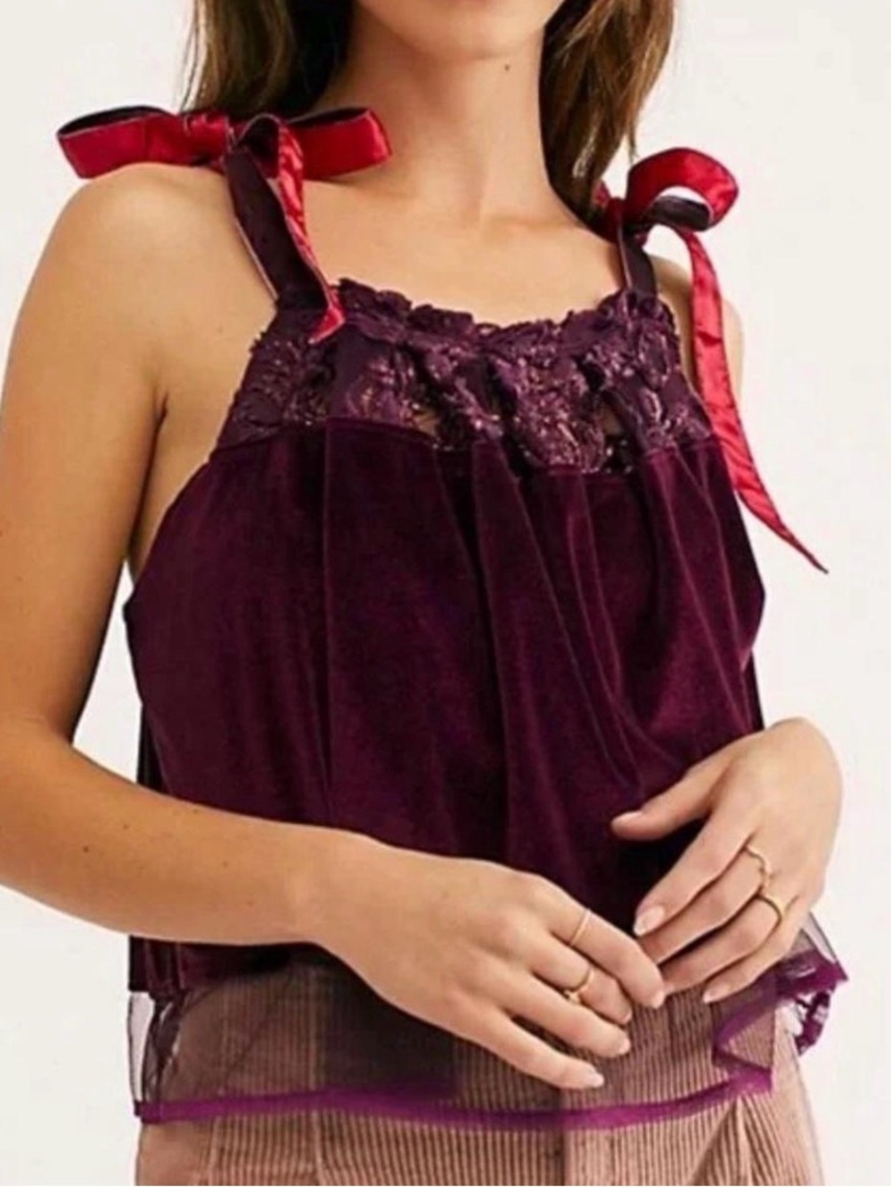 Free People Velvet Lace Camisole in Deep Burgundy with Red Satin Ties